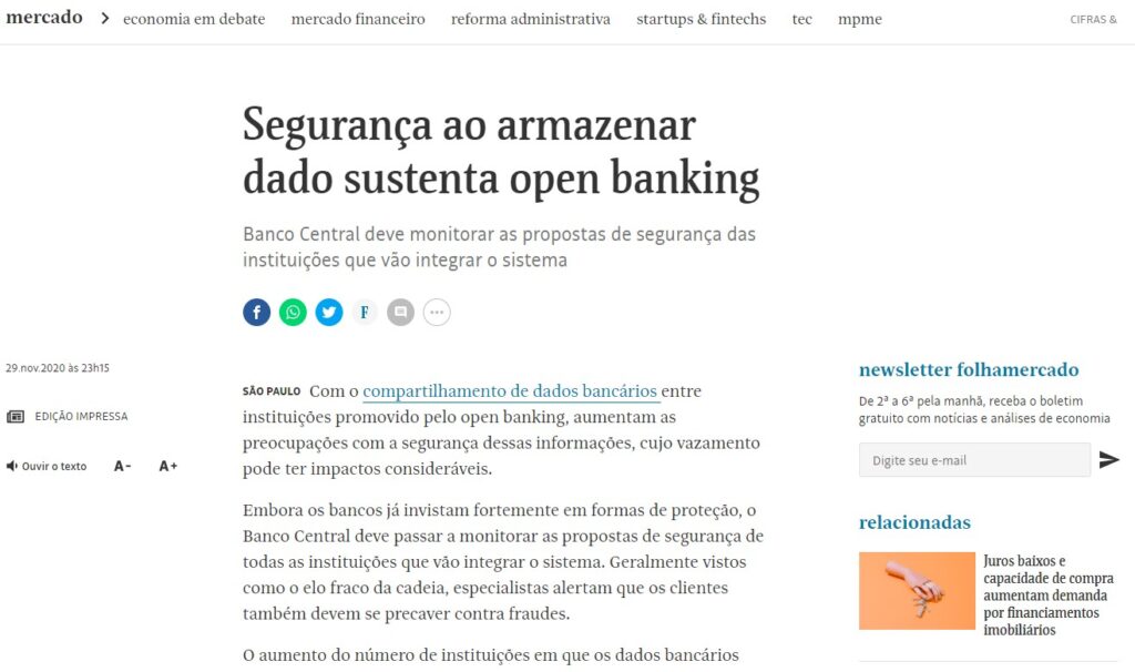 Capa da reportagem "Segurança ao armazenar dado sustenta open banking" da Folha de São Paulo